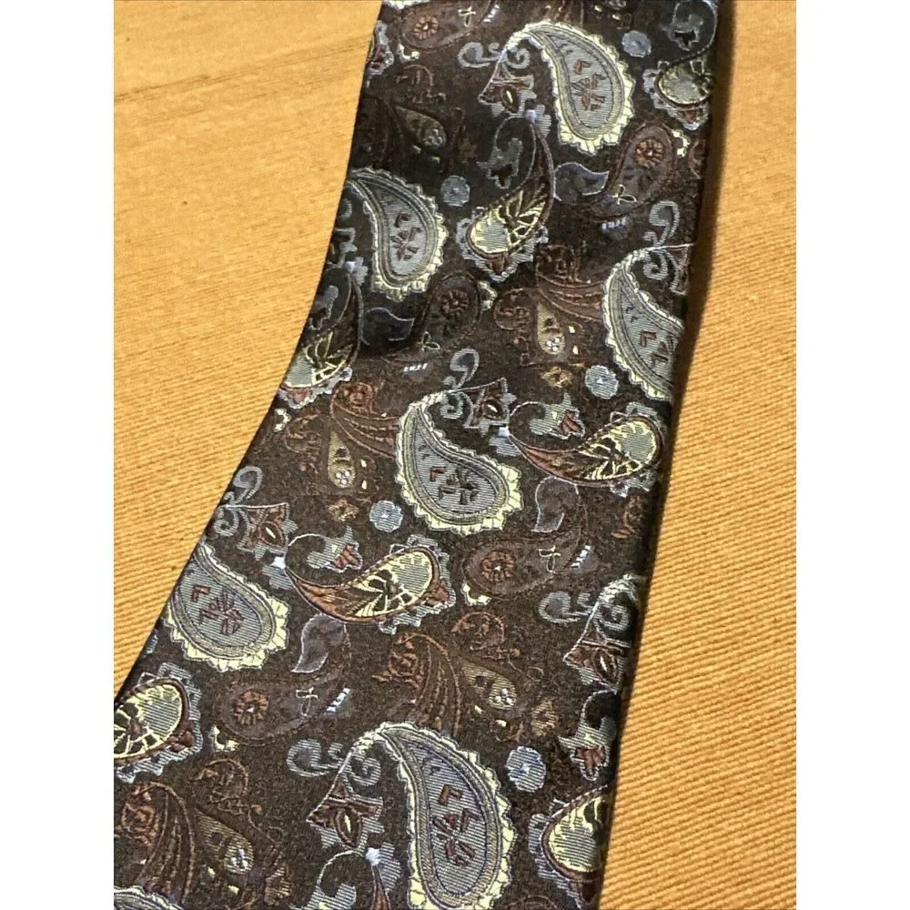 PRONTO UOMO Mens Classic Tie 100% Brown Tone Silk‎ Paisley Hand Made Necktie